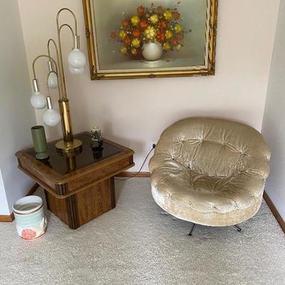 1970's Smoky Glass Insert, Pedestal Occasional Table, 1970's Waterfall 5 Globe Gold Tone Table Lamp. Crushed Velvet Tufted Swivel Chair (2)