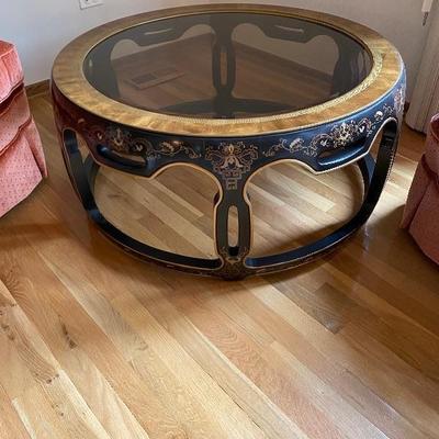 Vintage Black Lacquer Oriental Beveled Glass Cocktail Table