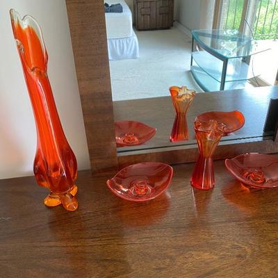 Mid Century Viking Orange Stretch Vase, Viking Orange Glass Candle Holders, Viking Crimped Orange Glass Bud Vase 