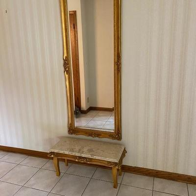 Vintage Ornate Gilded Beveled Glass Entry Way Mirror/ with Marble Entry Way Table