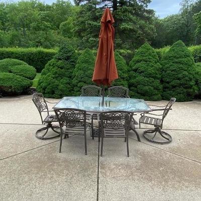 Hampton Bay Cast Metal Patio Glass Table. with 2 Cast Metal Swivel Chairs, 4 Side Chairs.
