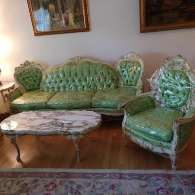 French Provencal  Hollywood Regeneracy French 7 Pieces. Tufted Sofa and 2 Chairs 