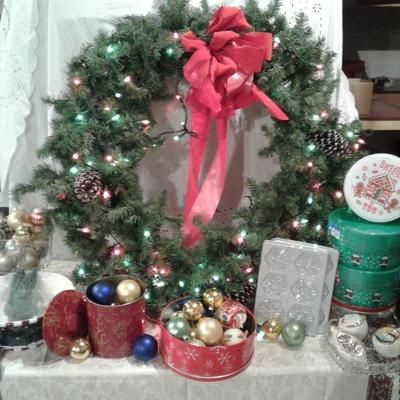 Large Pre-Lit Christmas Wreath and Other Various Christmas Decorations
