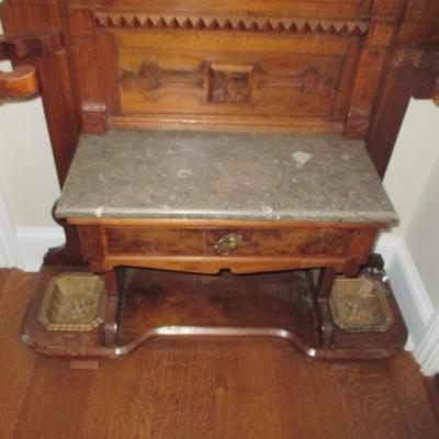 Antique Carved Hall Tree With Storage  