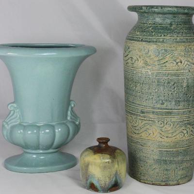 Vintage Celadon Green Glaze Ceramic Vase (10â€X 9â€W x 4.5â€D), Hand Made Drip Glaze Inkwell Bottle Vase c1971 Signed VH(3.5â€H x...