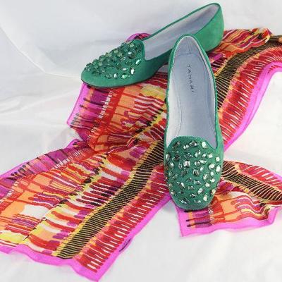 Tahari Suede Turquoise Leather Rhinestone Embellished Flats Shown with â€œEchoâ€ Vintage Chiffon Pink Multi Colored Scarf 