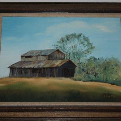 Old Barn Landscape Original Oil on Canvas Signed Edna Fae (Edna Fae Chrestmas).  Linen Mat Wood Frame (30â€ x 24â€)
