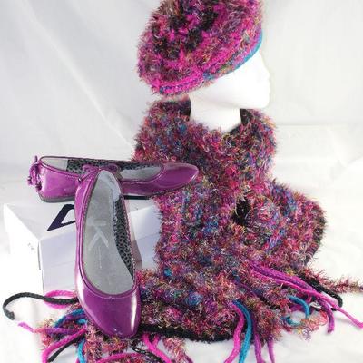 Anne Klein Plum Patent Leather Ballerina Flats Shown with Jones of New York plum Multi Color Knit Beret and Scarf 