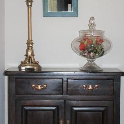 Vintage Solid Wood 2-Door/Drawer Small Credenza  (32â€W x 29â€H x 13â€D) Shown with a gold/Silver Leaf Candlestick Lamp (33.5â€H) and...