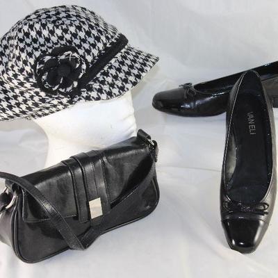 Manhattan Hat Company Black and White Houndstooth Check Cap with Bill, Vaneli Black Leather and Patent Ballerina Flats and Kenneth Cole...