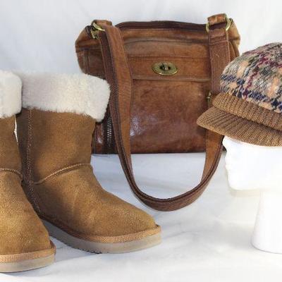 Kookaburra by Ugg Brown Suede Lined Boots, Fossil Vintage  Brown Leather Bag and Manhattan Hat Company Brown Hounds Tooth Plaid Billed Cap