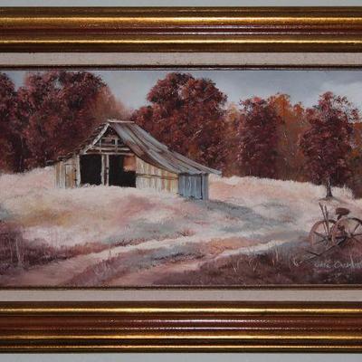 Autumn Country Landscape Original Oil on Canvas my Edna Chrestman.  Linen Mat Gold Leaf Frame (31â€™ x 19â€)