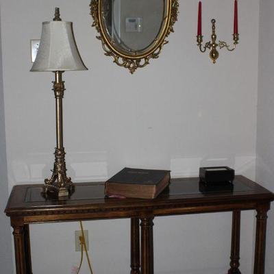 Traditional Sofa Table with Bevel Glass Pane (2) Top.  (48â€W x 16 1/2â€D x 27â€H). Also shown OBI Gold Leaf Buffet Table Lamp...