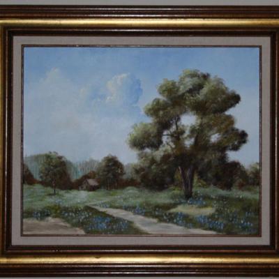 Texas Blue Bonnet Landscape Original Oil on Canvas with Linen Mat Gold Leaf Frame (27â€x 23.5â€)