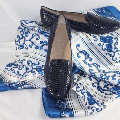 Vaneli Navy Embossed Snake Flats Shown with A Large Blue Print 100% Silk Scarf