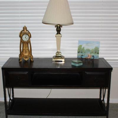 Metal Base Wood Espresso Console/TV Table  (25â€H x 46â€W x 18â€D). Shown with Antique Jennings Bros  Metal Foundry Art Nouveau Clock,...