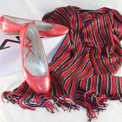 Anne Klein Red Patent Ballerina Flat Shown with Red and Black Fringed Oblong Knit Scarf