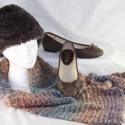 Cejon Brown Knit Stocking Cap, Knit Scarf and Coach and Four Braided Leather Ballerina Flats