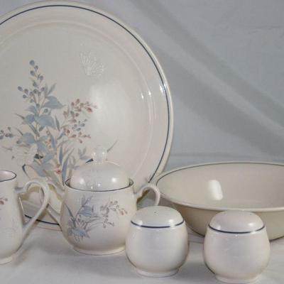 Noritake â€œKilkeeâ€ Porcelain Dinnerware 6 serving Pieces: 12â€Chop Plate, Sugar & Creamer, Salt & Pepper Shakers and 9â€ Vegetable Bowl