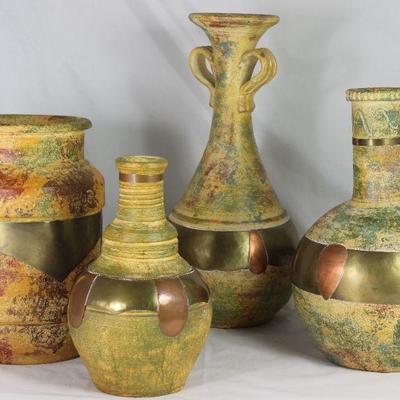 Terra-cotta Brass & Copper Trim Vase Collection: Jar Vessel (10â€H x 8â€D), Ringed Neck Vase (9.5â€H), Tall Trumpet  Vase (15â€H) and...