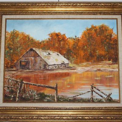 Original Oil on Canvas Signed Bert Needley.  Autumn Landscape with old barn and pond.  Linen Mat Gold Leaf Frame (31.5 x 25.5)