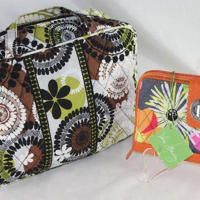 Vera Bradley Brown Green Floral Makeup/Handbag and Vera Bradley Orange Floral Turnlock Wallet
