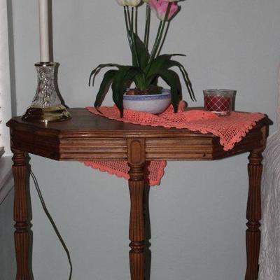 Depression Era Walnut Table raises on 4 Turned Legs with Cross Stretchers.  (30â€W x 29â€H x 18â€D)