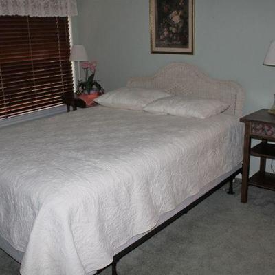 White Wicker Double Bed Headboard shown with a Queen Size White Pillow Top Mattress Firm Direct Set 