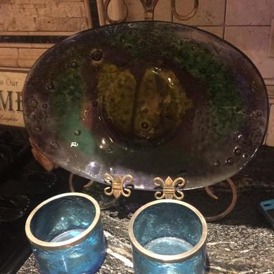 Purple Hand Blown Dish $22, Two Vintage Blue Etched Glass Candle Holders $16