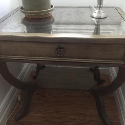 Hooker Side Table w/Drawer, Smoked Glass Top. Silver Color $360