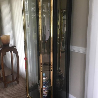 $1800 display case with glass shelves $295 black/ gold