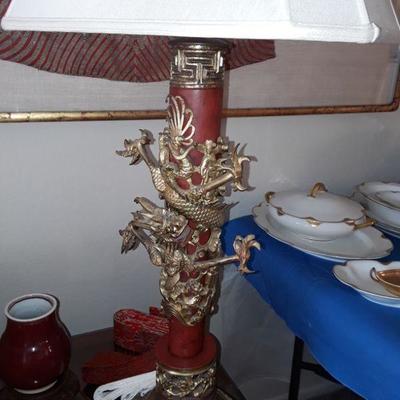 Pair Chinese Gilt Dragon Lamps with Original Finial