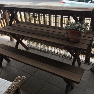 Redwood picnic table with two benches