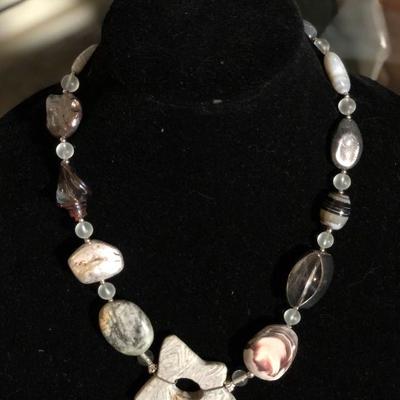 MMC026 Grey Tone Agate, Lucite & Glass Necklace