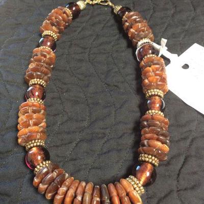 MMC022 Carved Horn & Hand Blown Glass Bead Necklace 