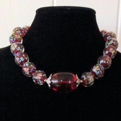 MMC037 Hand Blown Glass Beaded Necklace, Amber Red Tone