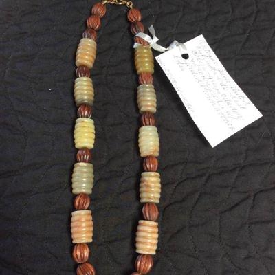 MMC020 Antique Jade & Carved Wooden Bead Necklace 