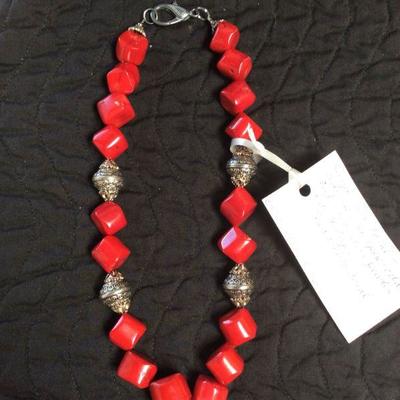 MMC023 Red Sea Bamboo Coral & Pewter Bead Necklace 