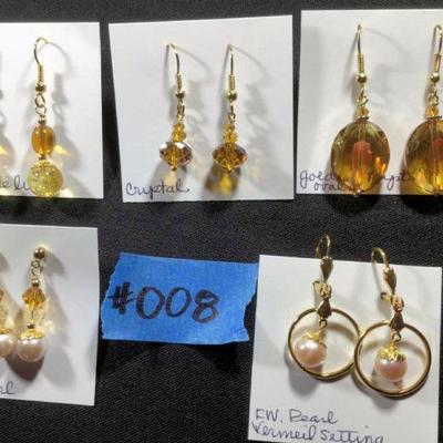 MMC008 Five Pair Golden Crystal & Pearl Earrings