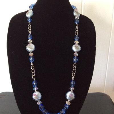 MMC032 Hand Blown Glass Beaded Necklace, Blue Tone