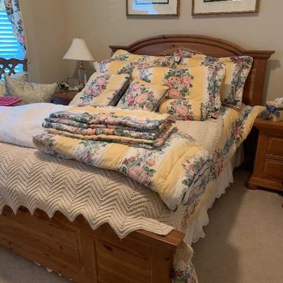 queen/full (full mattress) maple bed with matching dresser, armoire, night stands 