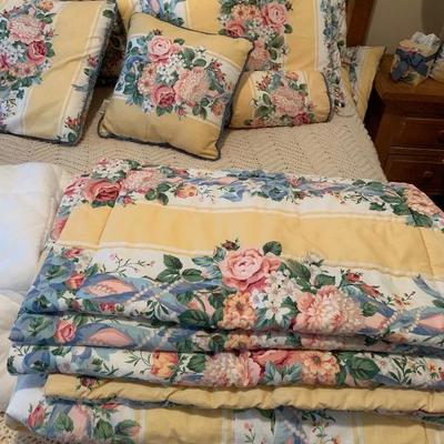 queen comforter with matching pillows, clothes hamper, waste basket, valances, runner, bed skirt 