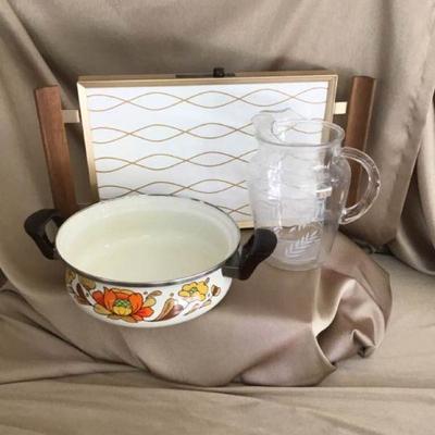 Vintage Pitcher, Hot Plate, and Enamel Pan