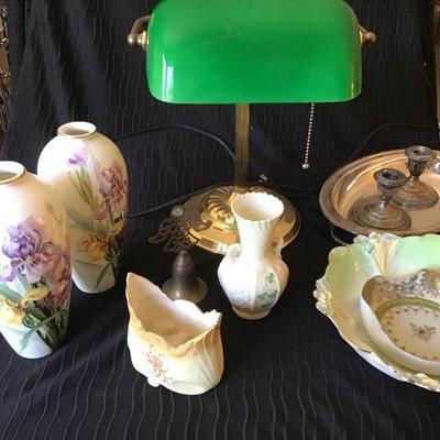 Vintage Emerald Glass Bankers Lamp and More