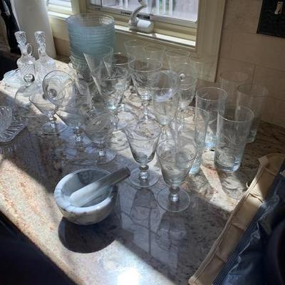 mortar & pestle $24, set of 23 Etched Fostoria Stemware and Water Glasses $55