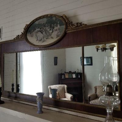 Lot #39 Antique Wood/3 panel glass  Mahogany Gold trim mirror $425