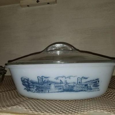 1950's GLASBAKE Currier & Ives bowl with steamboat design