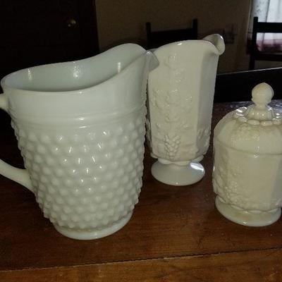3 Piece Vintage Milk Glass Milk Pitchers & Candy Dish/Bowl Set
