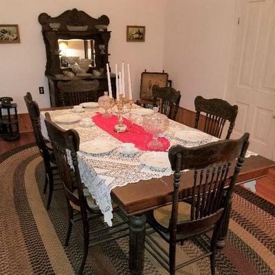 Lot #1  Antique Farmhouse Dining Table with Chairs $750   (42