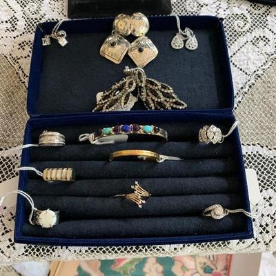 3 pair Sterling Silver earrings, Rhinestone Earrings, Cuff Bangle Bracelet with semi-precious stones, Gold Vermeil baby bracelet, 10K...
